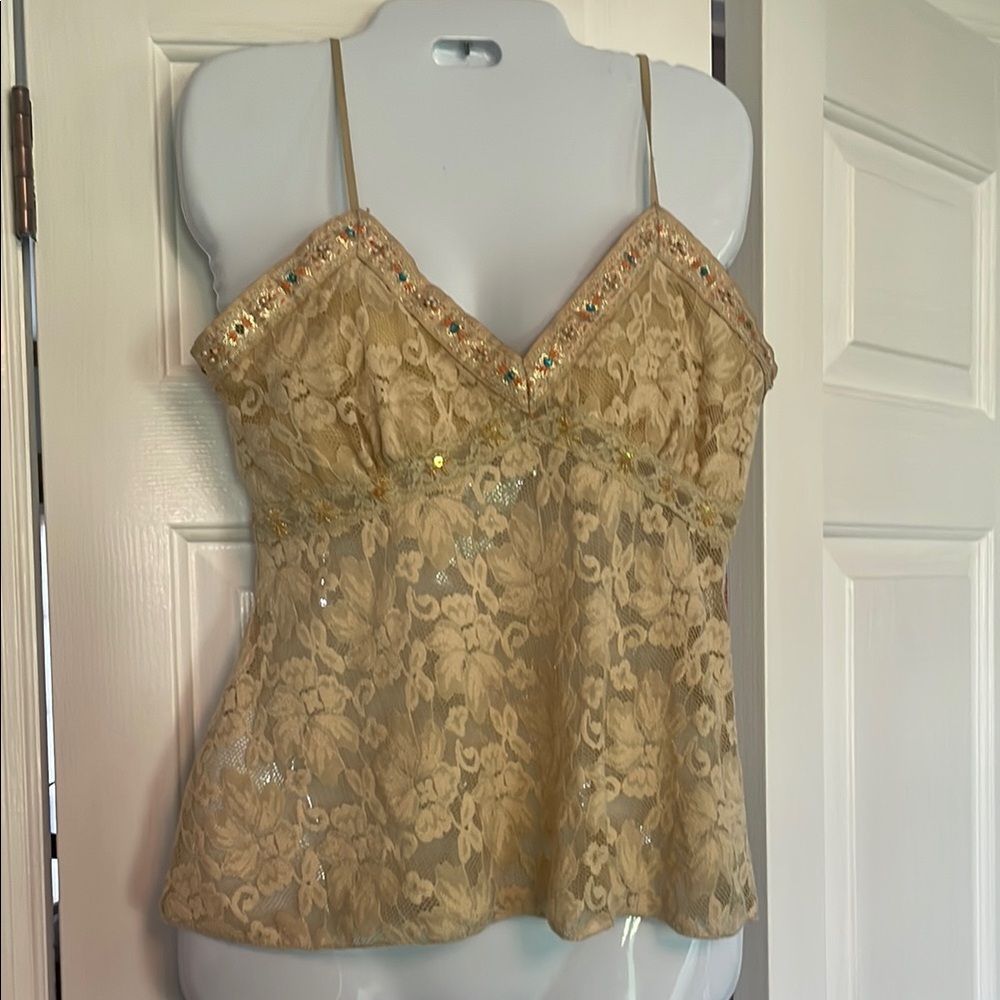 y2K body central vintage beaded spaghetti strap cami Lace Embellished Top beige